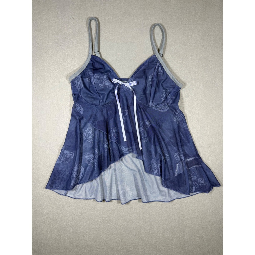 Romantic Y2K Blue Floral Ruffle Hem Sheer Babydoll Romwe Mesh Top V-Neck XS
